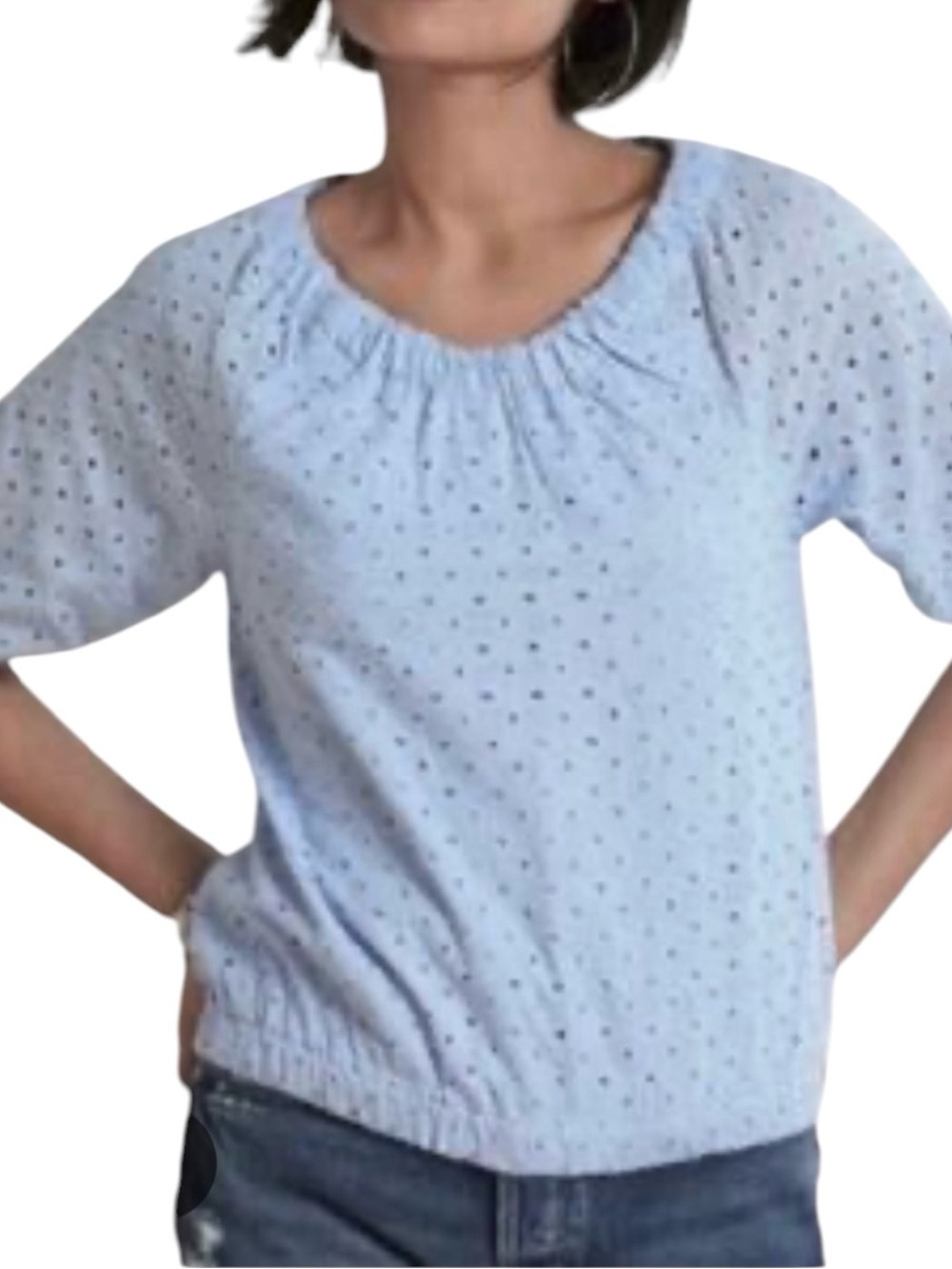 Evereve Eyelet Cotton Blouse, Light Blue, Short Sleeve, Round Neck, Size M